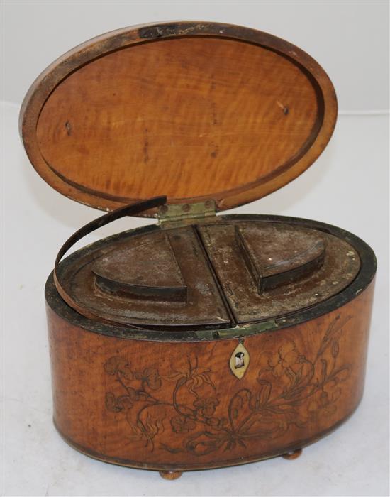 A George III marquetry inlaid satinwood tea caddy, 8in.